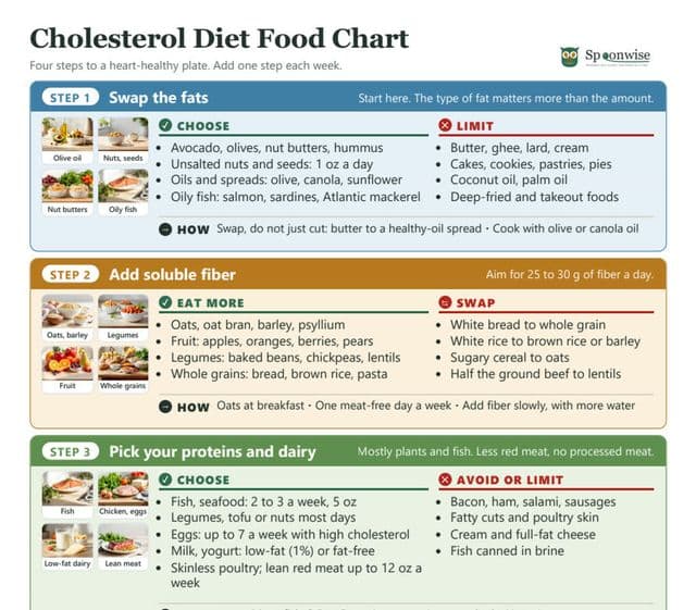 The top of the Spoonwise Cholesterol Diet Food Chart: steps for swapping fats and adding soluble fiber.